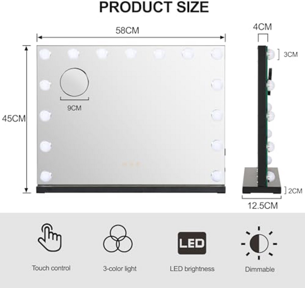 Hollywood Make-upspiegel met Dimbare LED Verlichting en Verstekende Vergroting