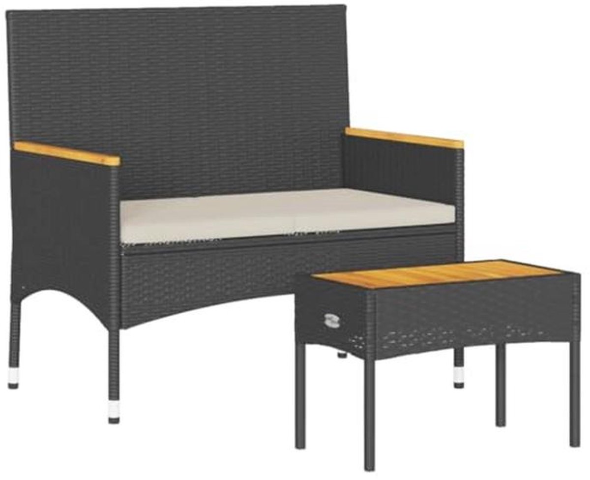Tuinbank 2-zits met kussens en tafel - Polyrotan, Buitenmeubilair, Balkonbank, Parkbank