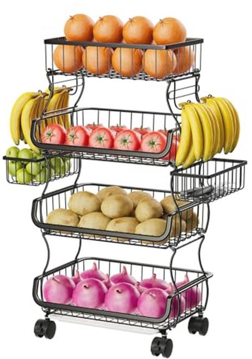 Rollende kar met 4 niveaus en wielen voor fruit en groenten opslag