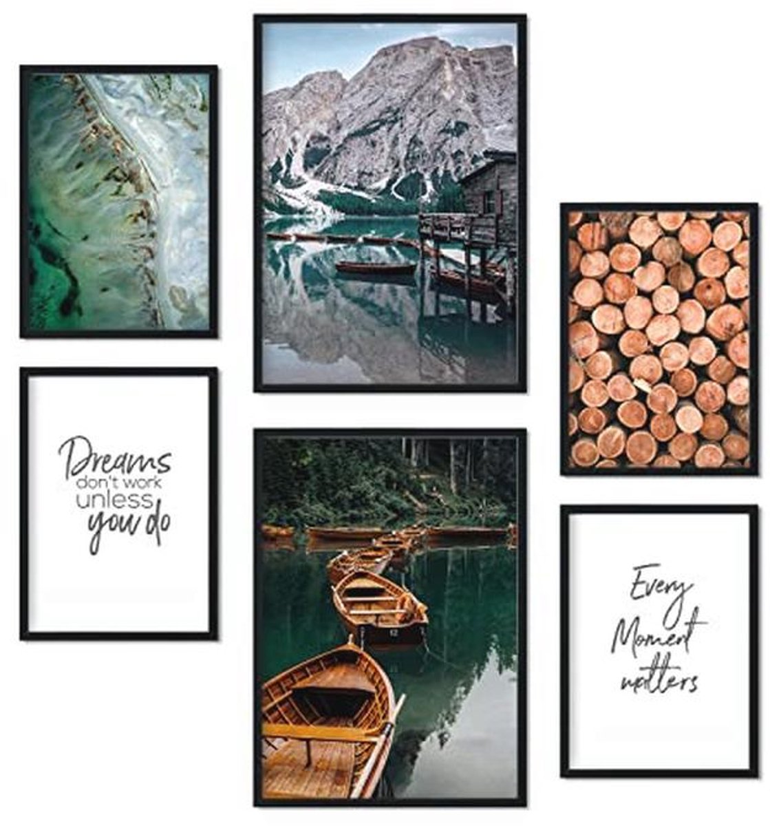 Decoratieve Muurposters - Set van 6 Natuur en Bos Afbeeldingen - Moderne Wanddecoratie - A3 en A4 met Zwart Frame