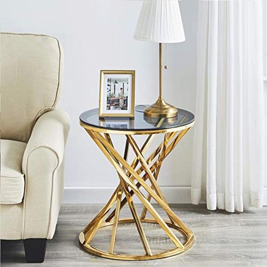 Modern rond salontafel met glazen blad en zwarte basis