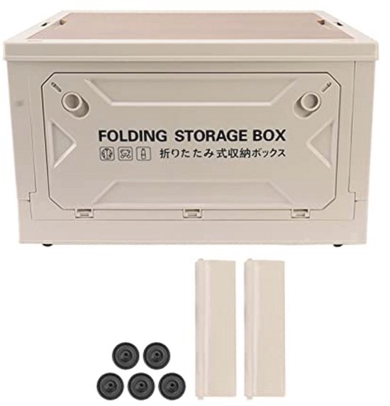 Folding Camping Storage Box,Camping Box with Wooden Lid,Large Capacity Picnic Storage Box,Multi Directional Open Design (Grijs-wit