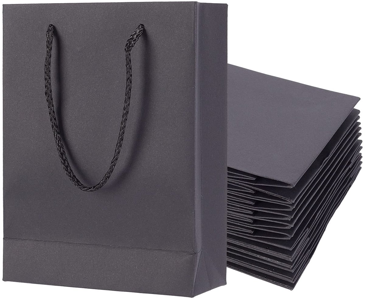 10 stuks zwarte kraftpapieren boodschappentassen met nylon koordhandvatten, herbruikbare tas voor Moederdag, verjaardag, bruiloft, Kerstmis, 20x15x6cm
