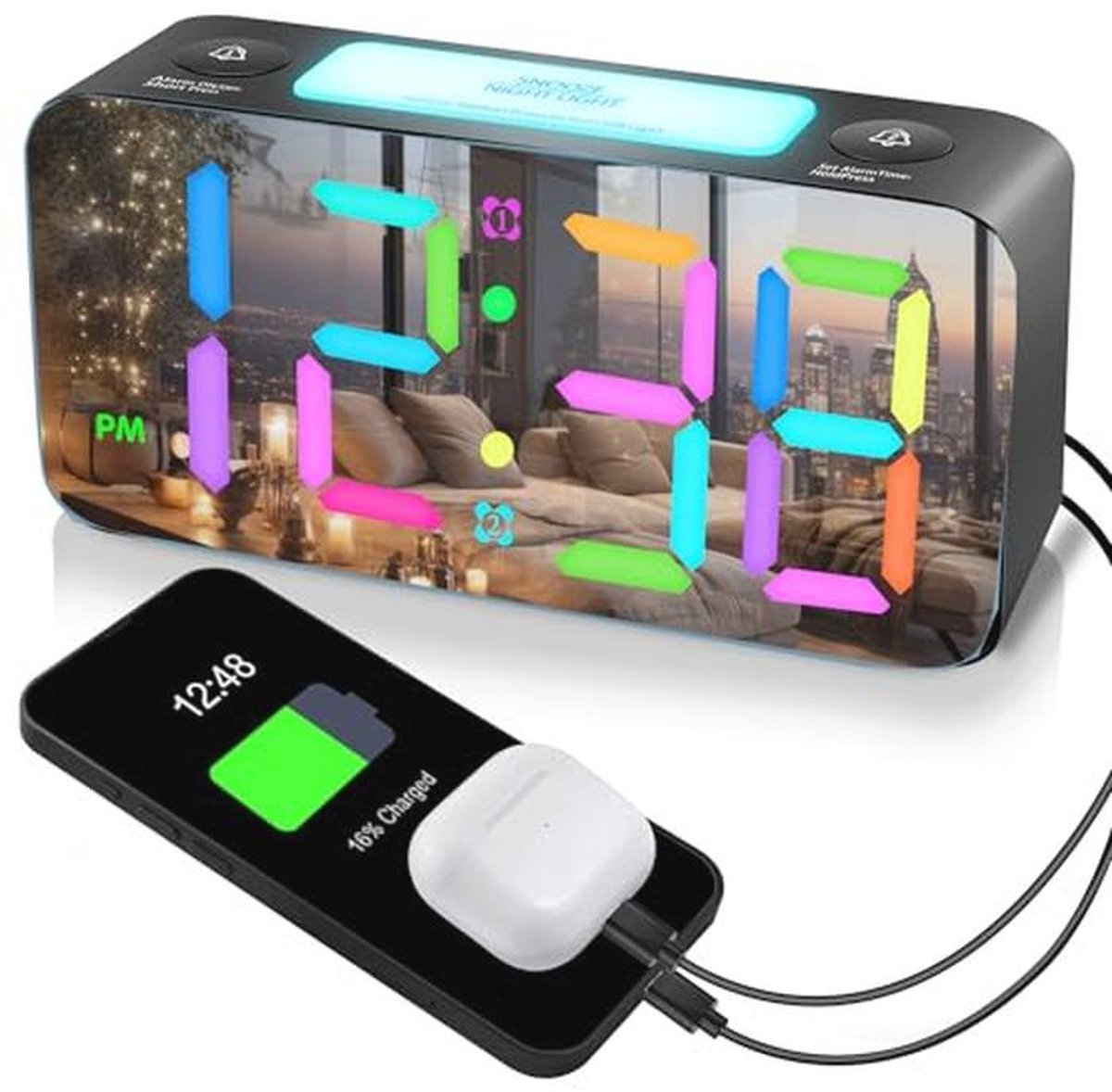 Dynamische RGB Spiegelwekker met 2 Alarmen en USB Oplader