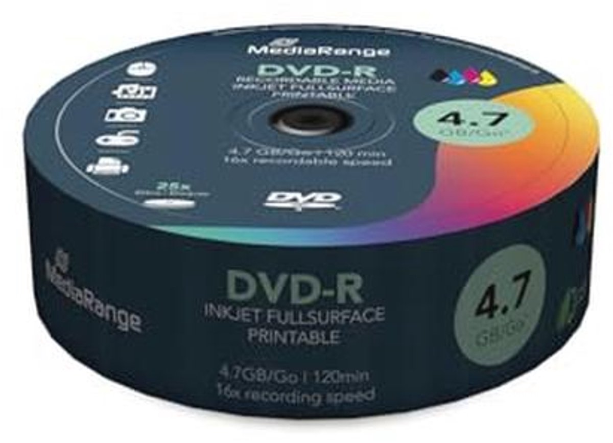 DVD-R 4,7 GB - 120 min - 16x Snelheid - 25 Stuks - Bedrukbaar
