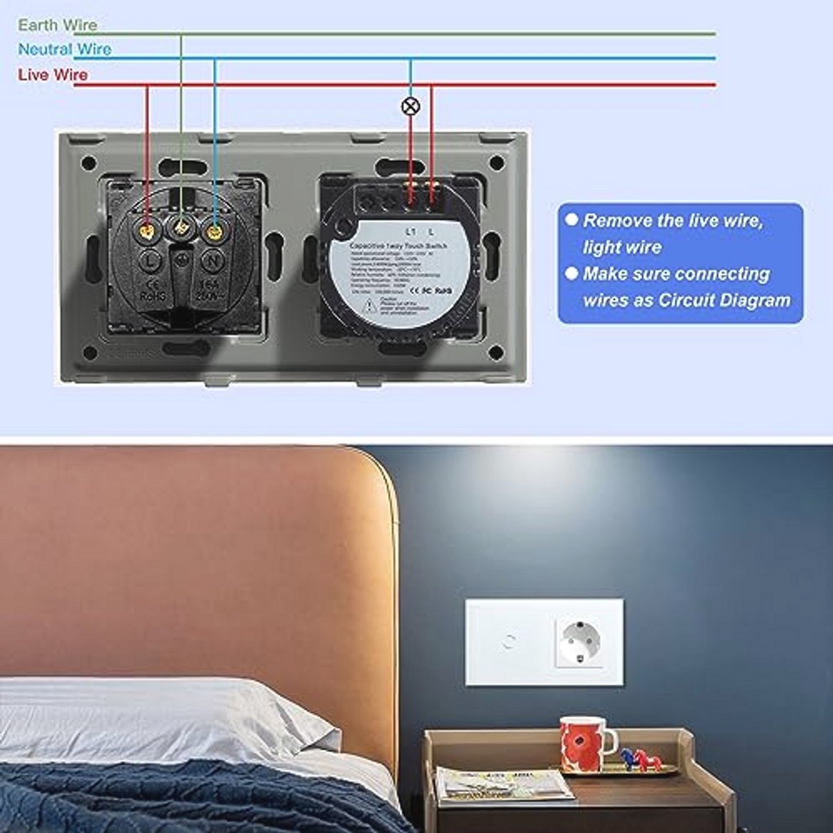 Touch Light Switch with Earthed Socket – Recessed Design, Crystal Glass Plate – Light Switch & Wall Socket – 157 mm – White