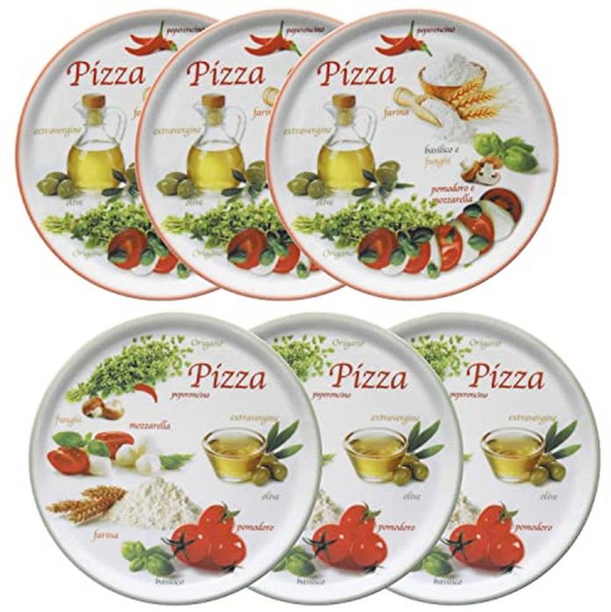Set van 6 pizzaplaatjes Ø 33,8 cm - groot - 6 personen - pizza borden met 2 decoraties