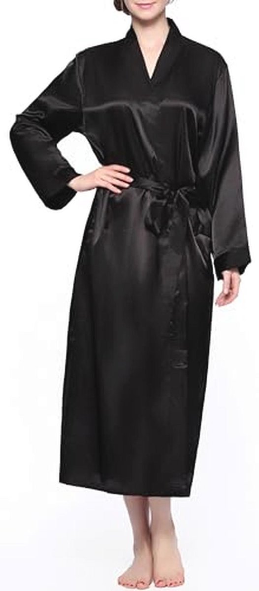 Lange klassieke satijnen kimono badjas voor dames - Zwart - XL