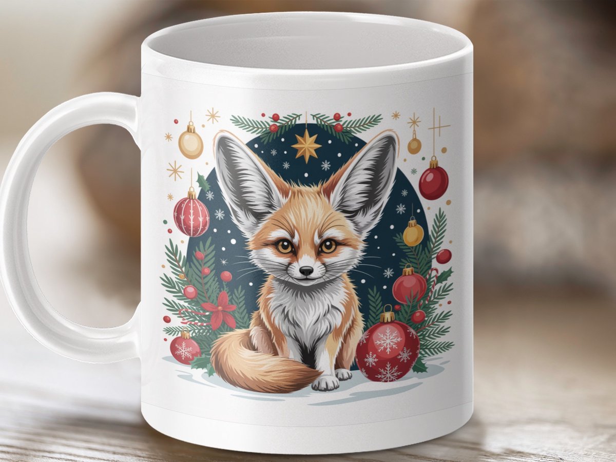 Mok met Kerst Fennek Vos, Feestdagen Thee Mok, Cadeau Idee, Schattige Dieren Mok, Winterse Vos, Unieke Kerstmok, Koffiemok voor Kerst