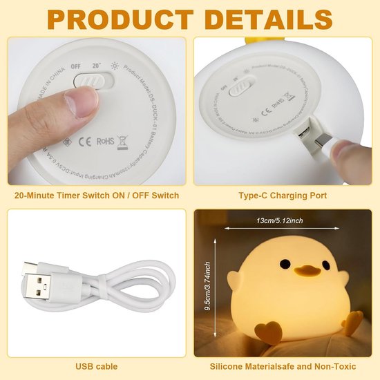 mumisuto Nachtlampje voor kinderen, siliconen eendennachtlampje, USB-oplaadbaar babynachtlampje met timer, draagbaar nachtlampje voor kinderen, touchscreen, verjaardagscadeau voor kinderen en baby's — afbeelding 5