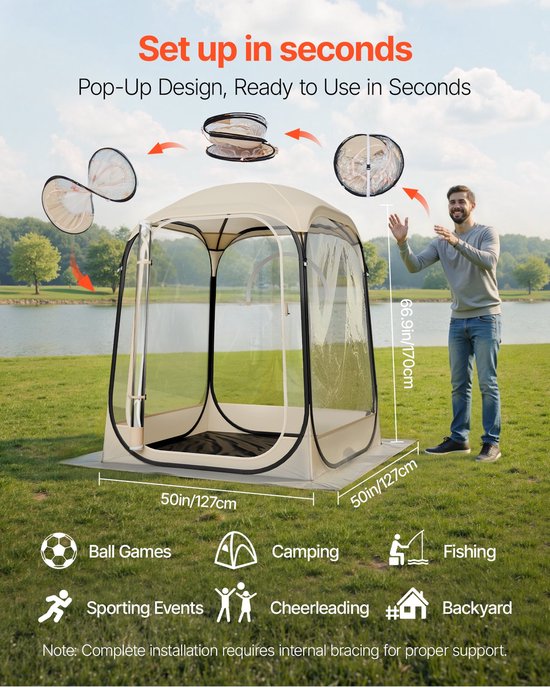 Transparante tent - Pop-up sporttent en bubbeltent - 127x127x170 cm - 1-2 personen - Met vloermat - Met bovenklep - Voor sport, evenementen en vissen — afbeelding 3