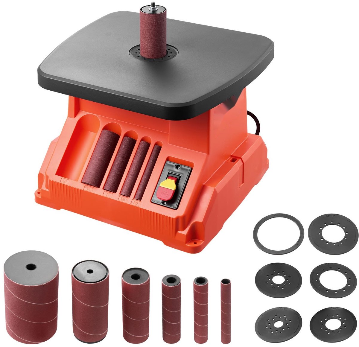 Oscillerende spindelschuurmachine - Tafelmodel - Toerental 2000 TPM - Set met 6 hulzen 12,7–76,2 mm - Slag 16 mm - Werktafel 390 x 415 mm - Voor houtbewerking