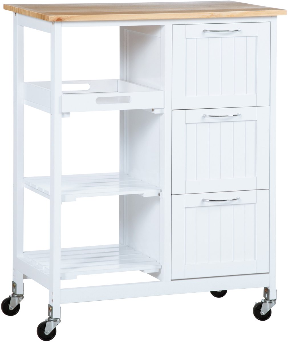 Keukentrolley - 67x37x85 cm - Met 3 Lades en Werkblad - Opbergwagen - MDF - Wit