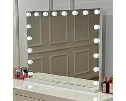 Bright Beauty® Make-up Spiegel met Verlichting – Hollywood Spiegel – 80×60 cm – 18 LED Lampen – 3 Lichtkleuren – Dimbaar – Smart Touch – USB Oplaadpoort – Wit