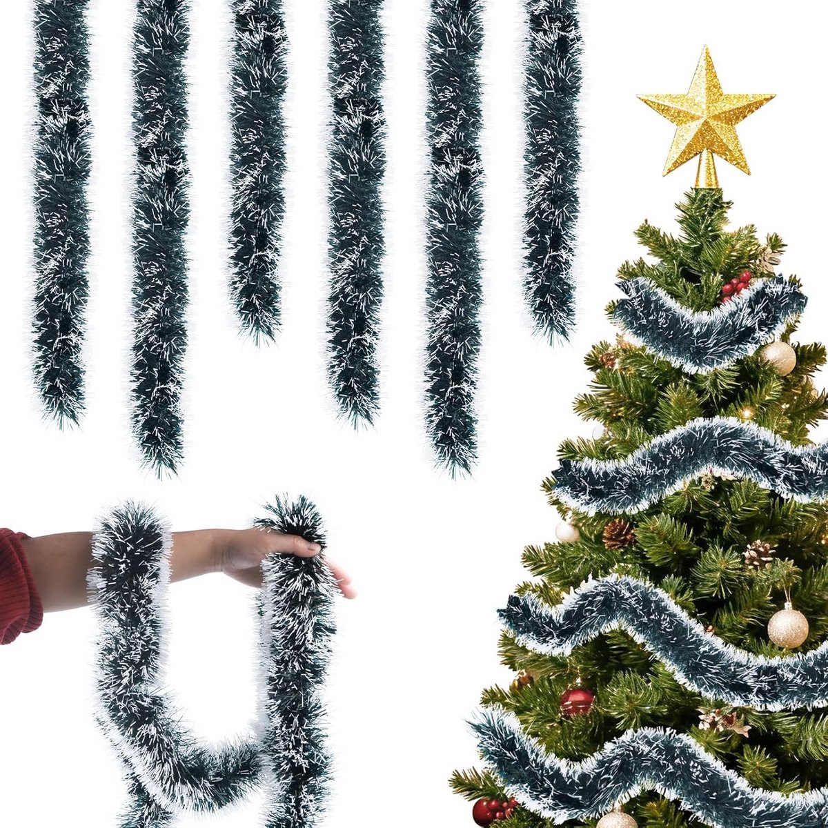 Set van 6 Donkergroene Lametta Slingers voor Kerstboom en Feestdecoratie (12 Meter Totaal)