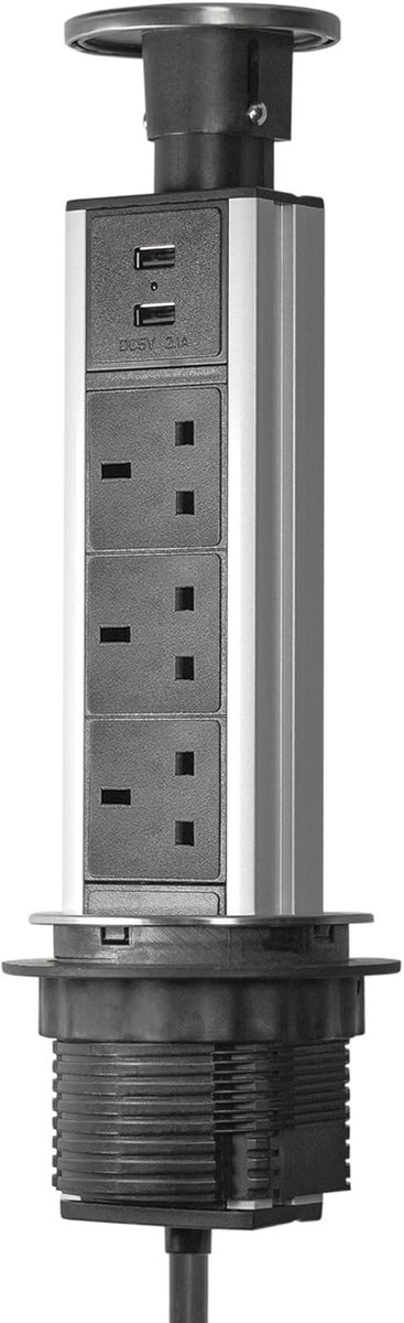 Elbe Inno Pop-Up-Steckdose, 3-Wege mit 2 USB-Ladegerät-Verlängerungskabel