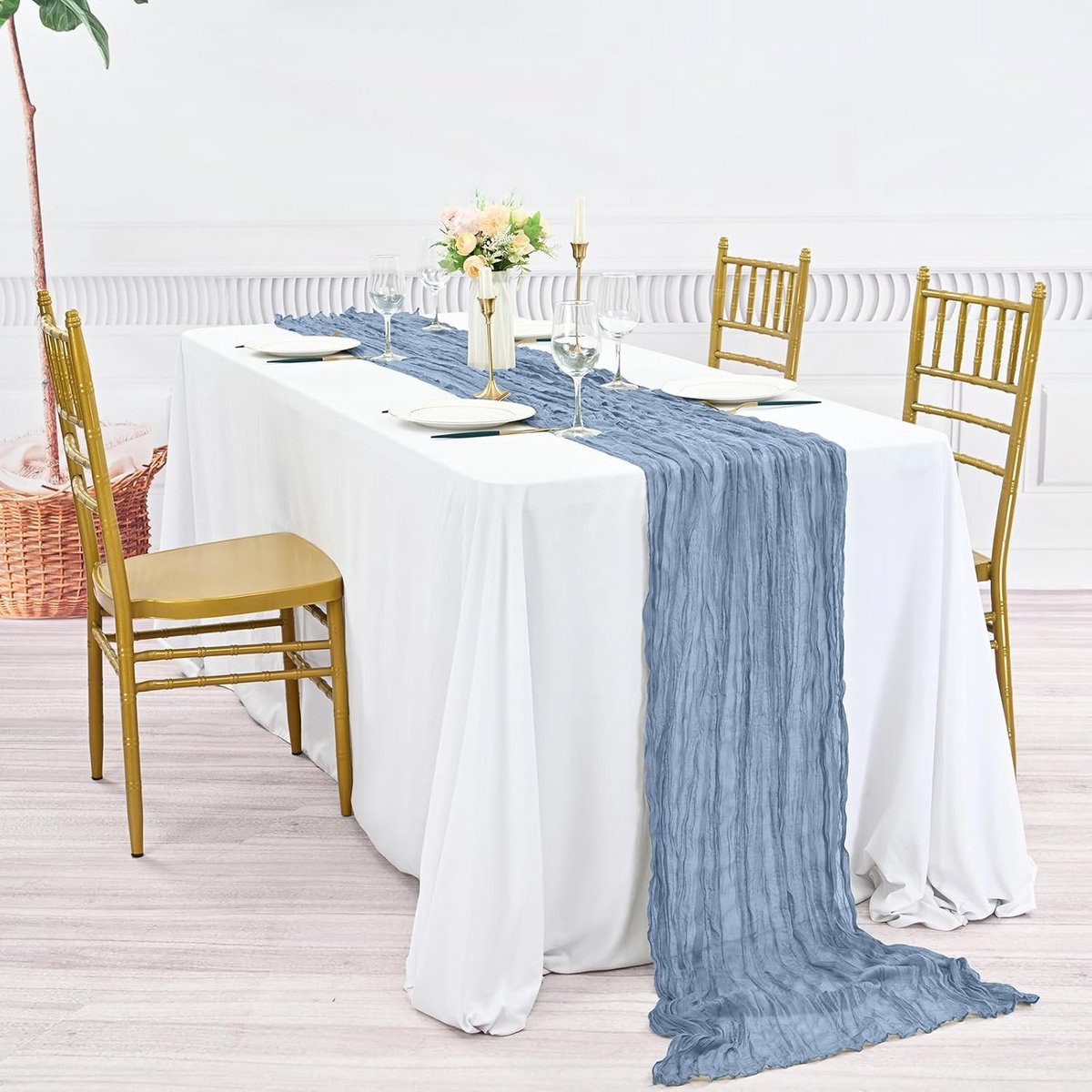 Set van 5 Kaasdoek Tafellopers 90x300 cm - Stofblauw Rustiek Boho Tafeldecoratie