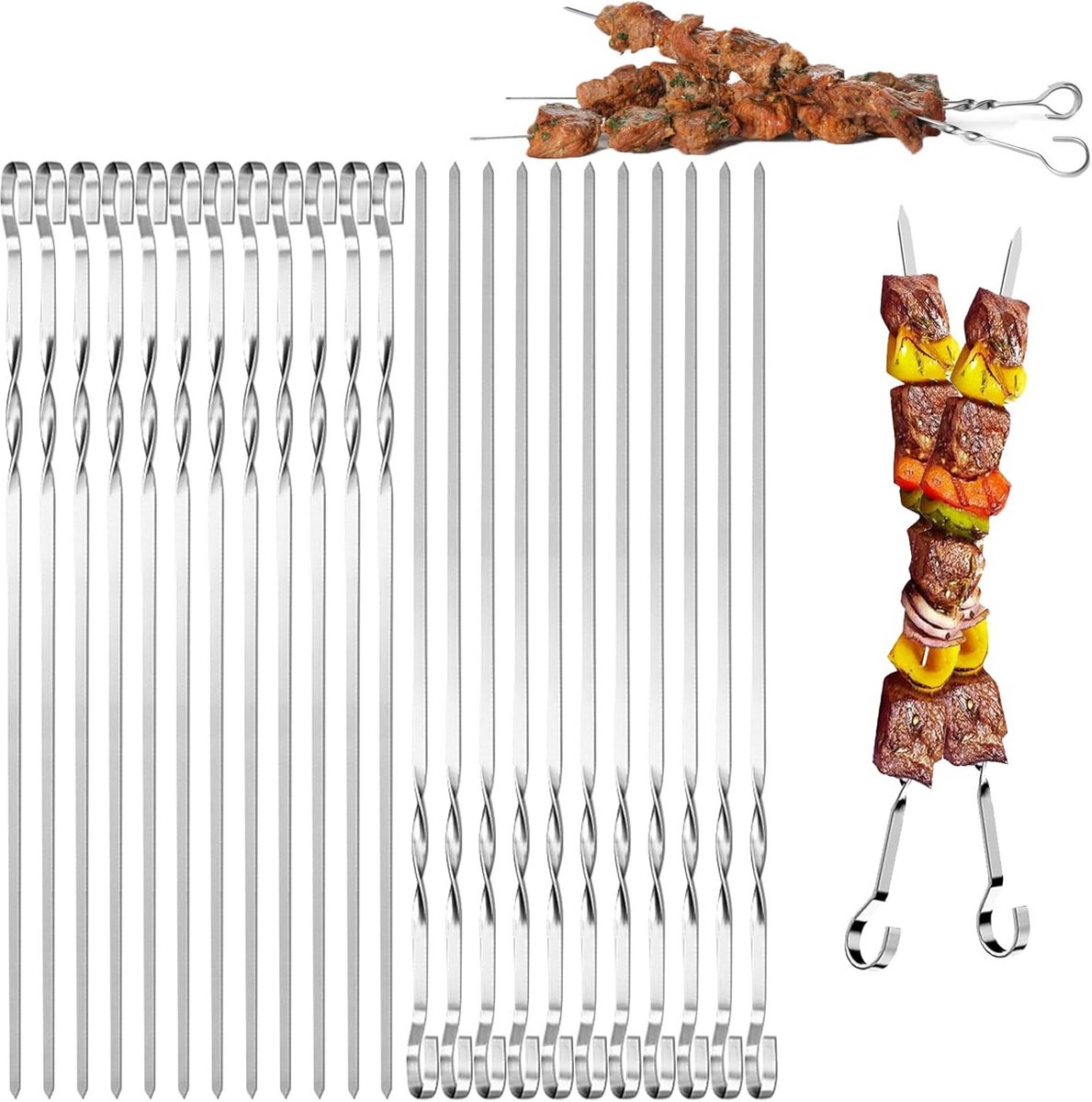 Platte roestvrijstalen grillspiesen - 24 stuks, 30 cm lang, duurzaam en herbruikbaar