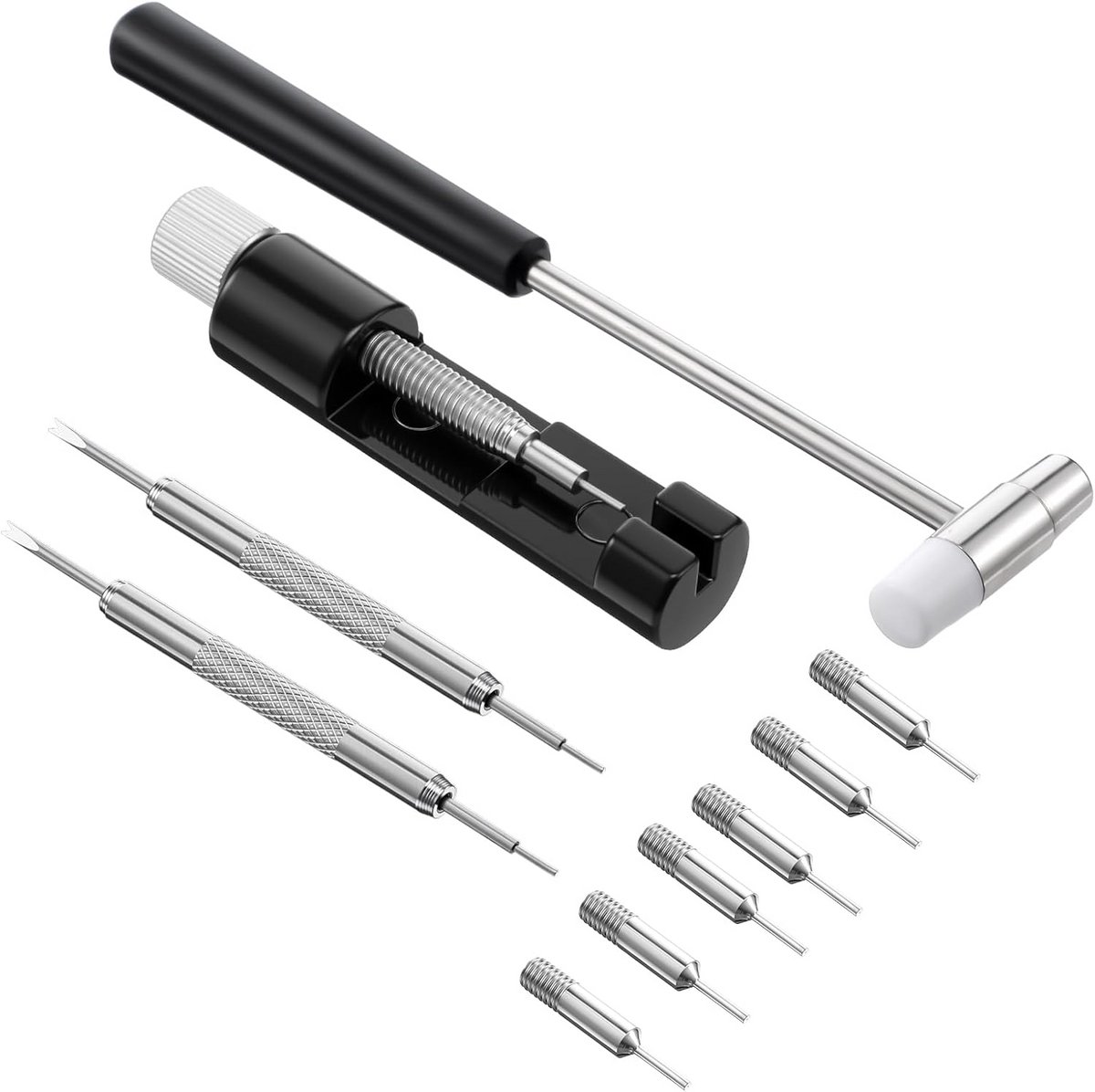 HJZHII Horlogegereedschap met 5 extra pennen, horlogebandgereedschap, horlogemakersgereedschapsset, veerpengereedschap, reparatie, penuitdrukker voor horlogebandjes, inkorten, horloges, schakels