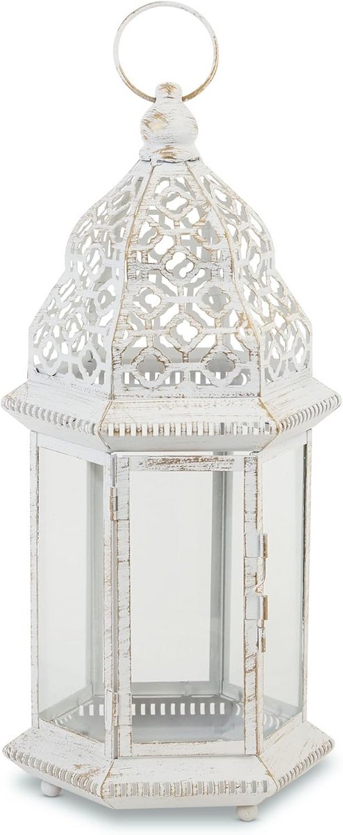 Grote Witte Distressed Lantaarn met Glazen Houder voor Binnen en Buiten
