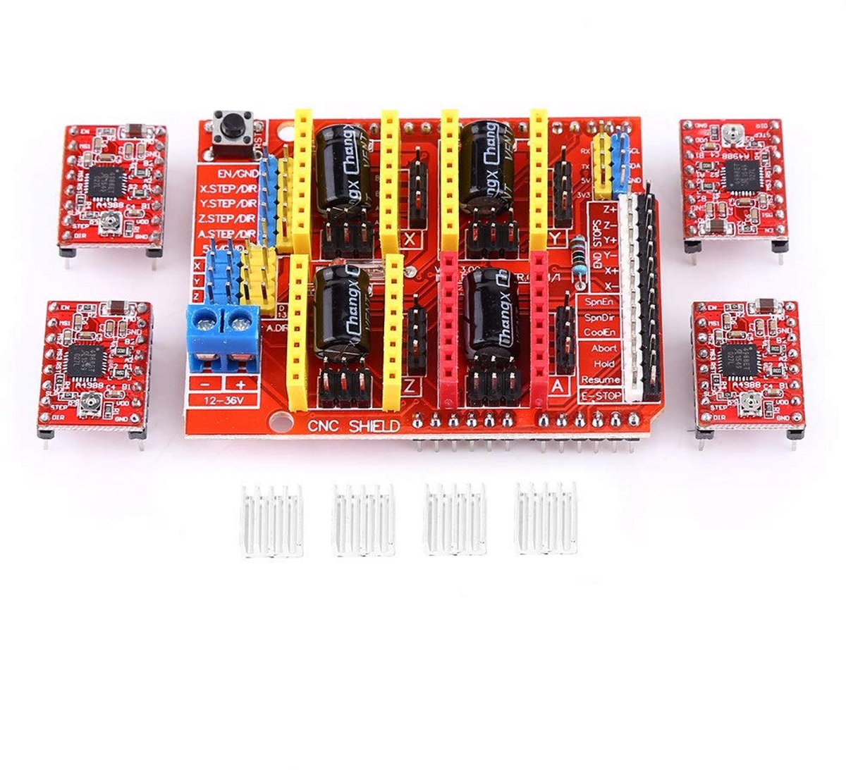 CNC Shield V3 Printplaat met 4 A4988 Stappenmotor Drivers en Koellichamen voor 3D-Printer en Graveur Kits