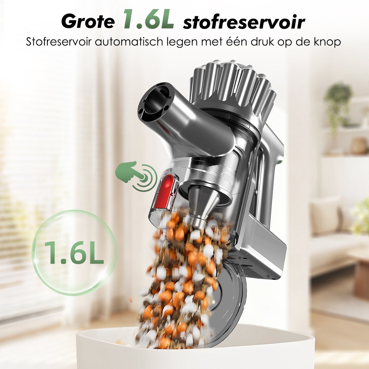 Fukstern Steelstofzuiger Draadloos - 38KPa krachtige zuigkracht - Tot 60 Min Accuduur - 4-voudig HEPA-Filtersysteem - 1,6L Stofreservoir - Anti-Klit Vloerborstel draadloze steelstofzuiger - groen – foto 4