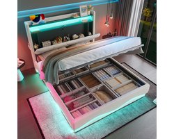 HAUSS SPOLE Gestoffeerd Bed 160x200cm - Hoofdeinde Met LED En Open Plank - Gasdruk Lattenbodem Met Opbergruimte - Velvet - Zonder Matras - Beige