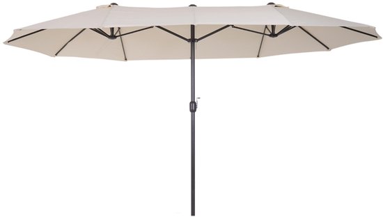 Beige rechthoekige parasol met een donkere centrale paal, volledig openstaand tegen een witte achtergrond.