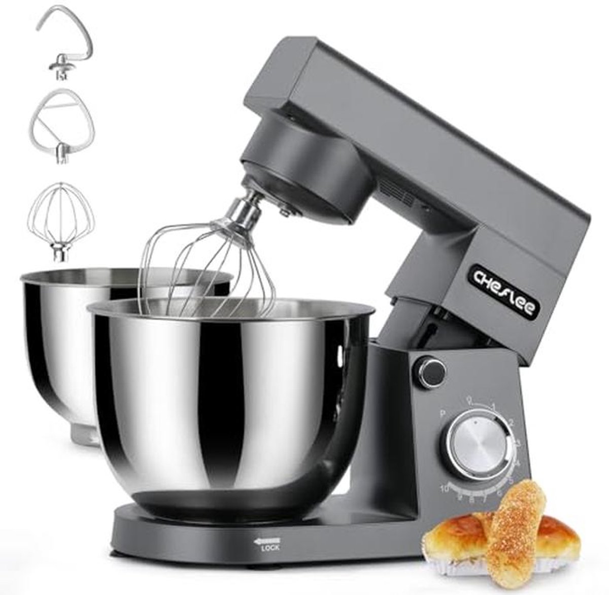Standmixer 1500W Keukenmachine met RVS Kommen en 10 Snelheden