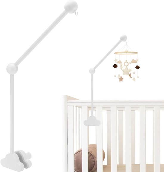 Houten baby mobiel houder met wolkdesign – Verstelbare en afneembare baby mobiel arm – Veilig, duurzaam en stijlvol – Perfect voor babykamerdecoratie en wieg – Wit
