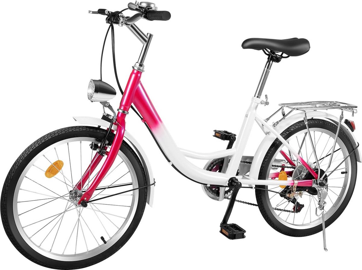 Kinderfiets Meisjes 20 Inch 6 Versnellingen Roze Wit Stadsfiets voor 145-165 cm