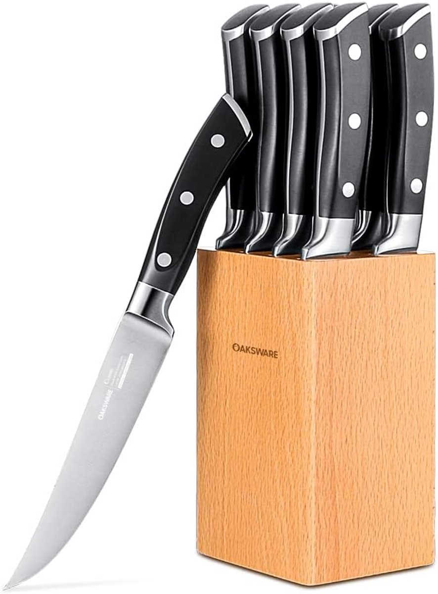 Set van 8 Steakmessen met Walnoot Blok - 5 Inch Gesmeed Duits Staal - Keuken Steakmes Set