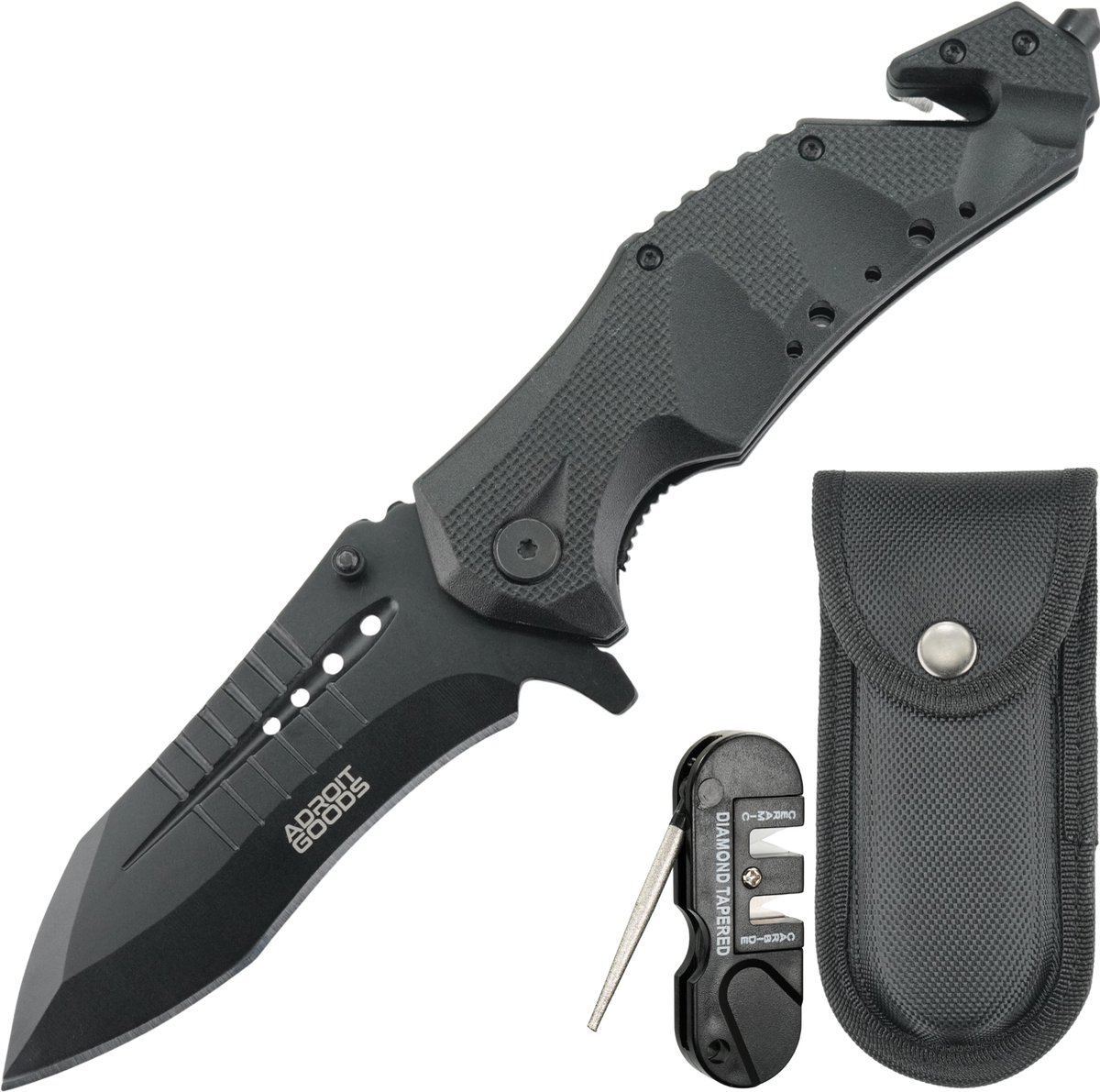 Cover van AdroitGoods Tactisch RVS zakmes met aluminium handgreep – incl. hoes en slijptool - Robuust opvouwbaar outdoor mes - Premium zakmes voor kamperen, hiken, survival, bushcraft en dagelijks gebruik