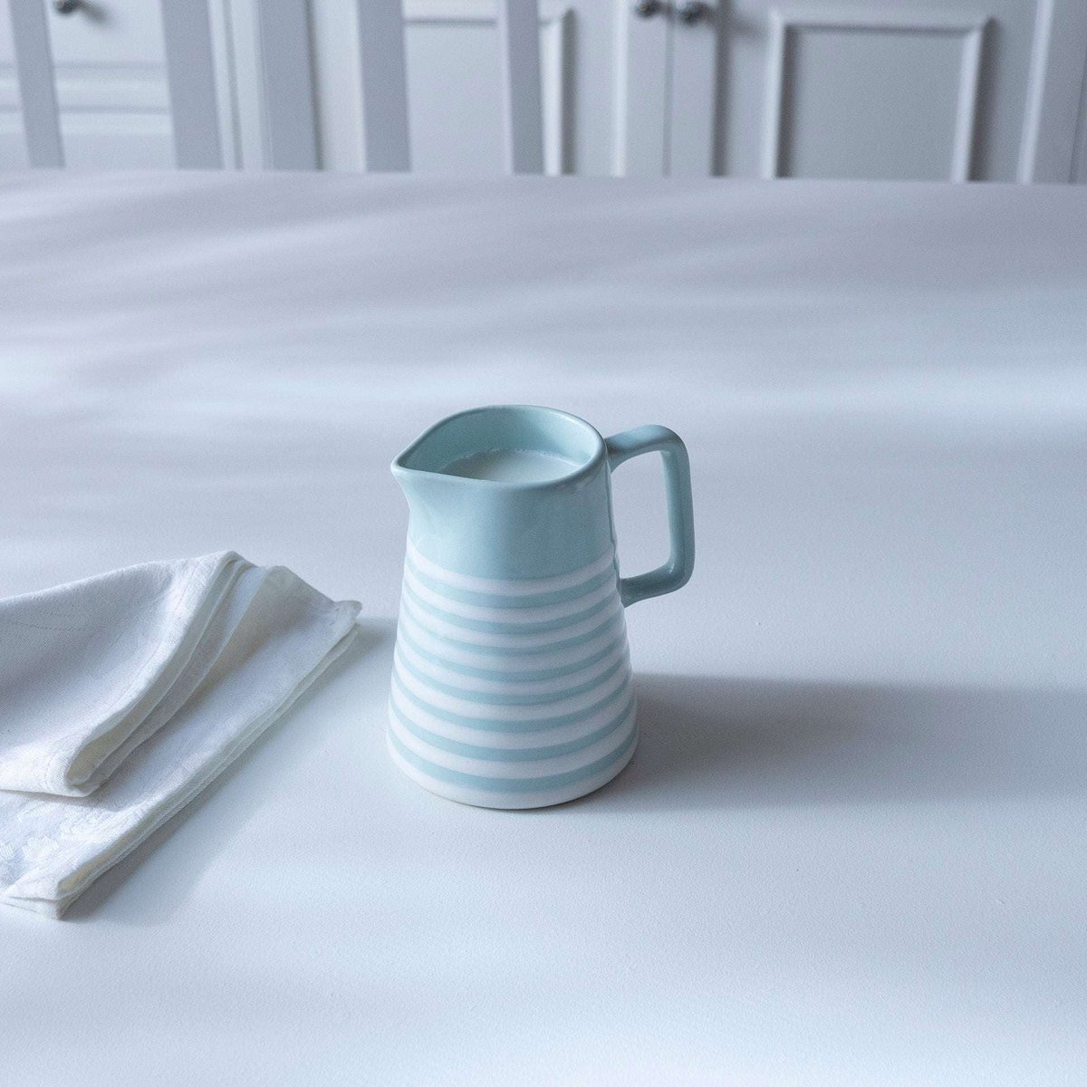 Hand-painted Blue Stripe Ceramic Jug Coastal Farmhouse