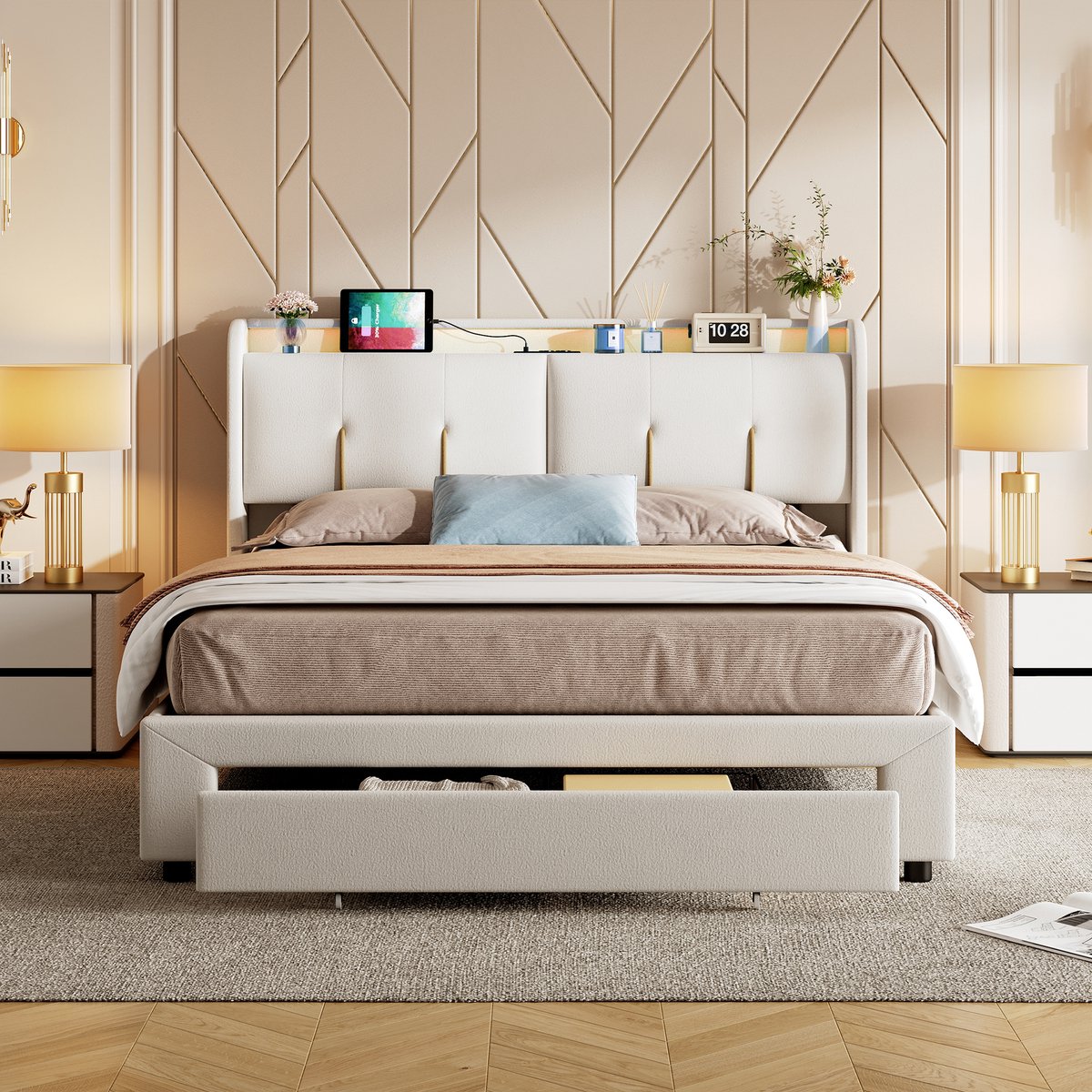 SHOPENTRA Opbergbed 160x200 cm crèmewit met opbergruimte in het hoofdbord, lade, LED-verlichting en USB-oplaadpoort, gestoffeerd tweepersoonsbed thumbnail 5