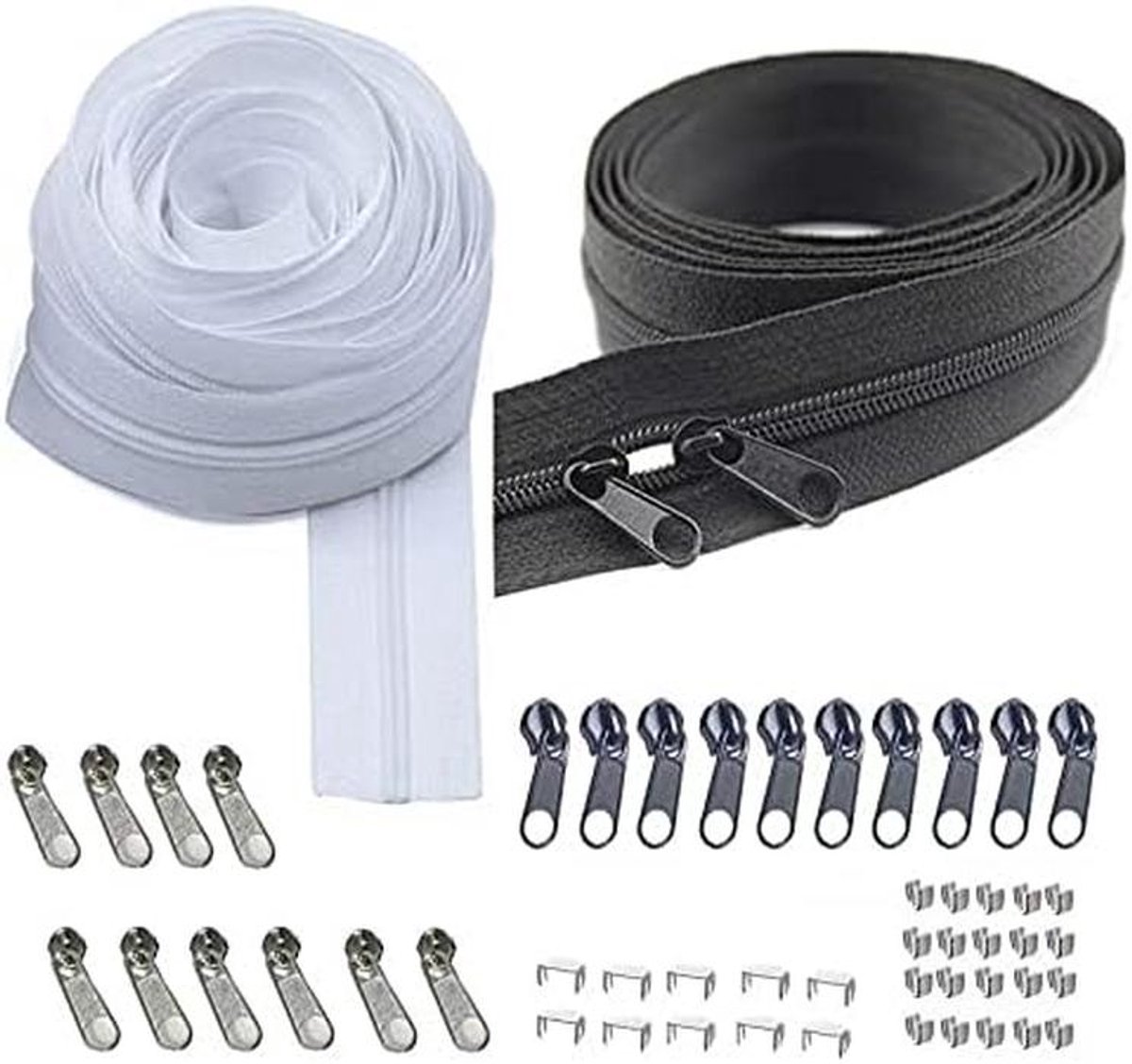 Grote Set Nylon Rolritsen op Meter (5,5 Meter) met 20 Schuivers en Stops - Rits Reparatie Set voor Naaien en Knutselen (Zwart & Wit)