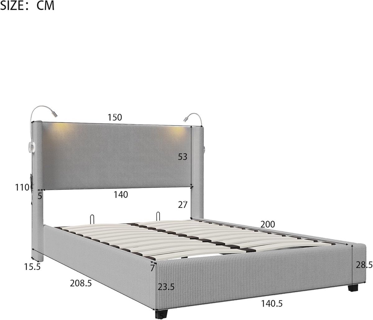 Gestoffeerd bed 140x200 cm met opbergruimte en leeslamp met USB-oplaadpoort - Modern grijs