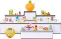 Miniverse SpongeBob display met diverse miniaturen, waaronder 'Krabby Patty', 'Kelp Shake', 'Kelp Chips', en een ananasvormige doos.