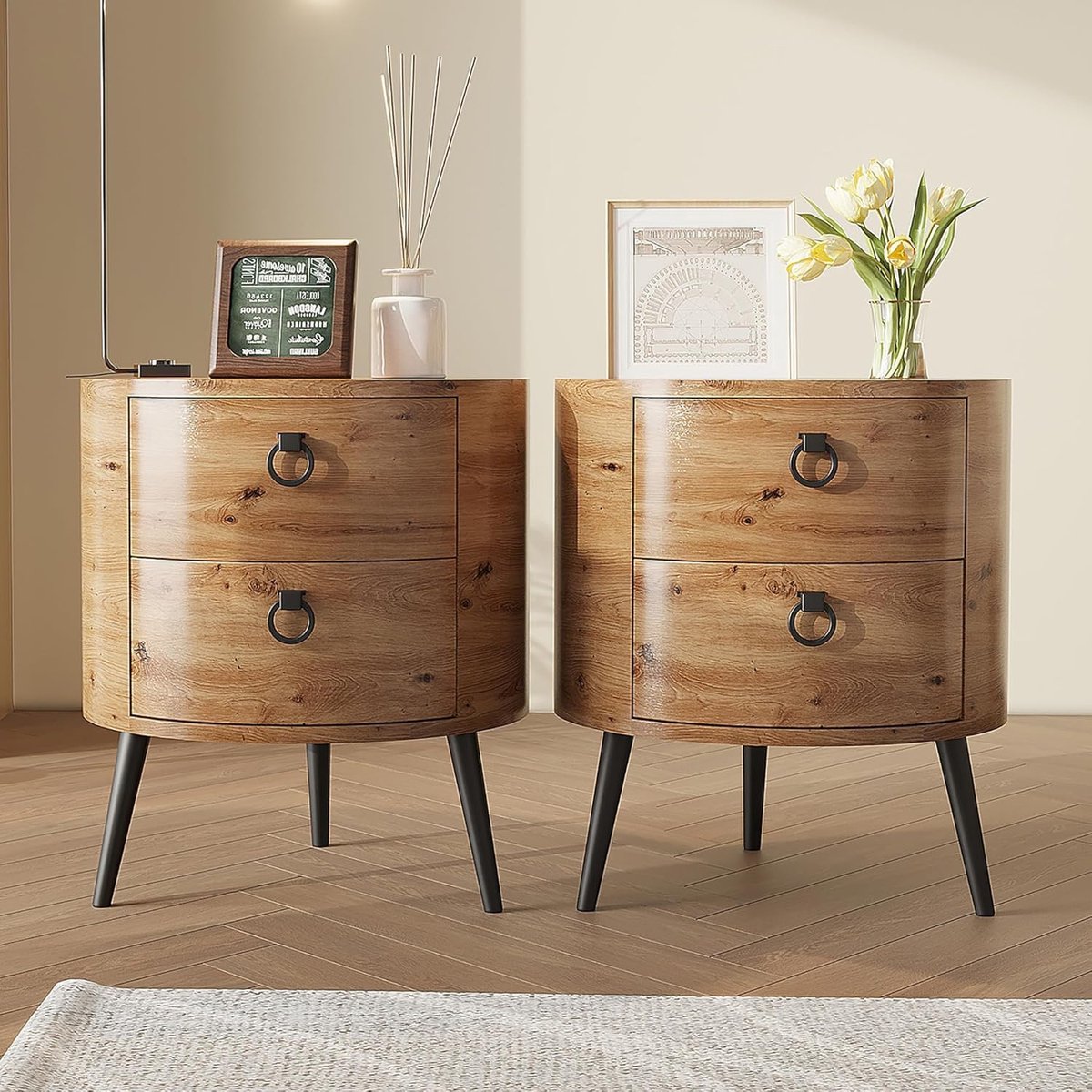 Set van 2 Ronde nachtkast met 2 lades - moderne bijzettafel van hout & metaal - landelijk design - 47 x 47 x 55 cm - voor slaapkamer & woonkamer