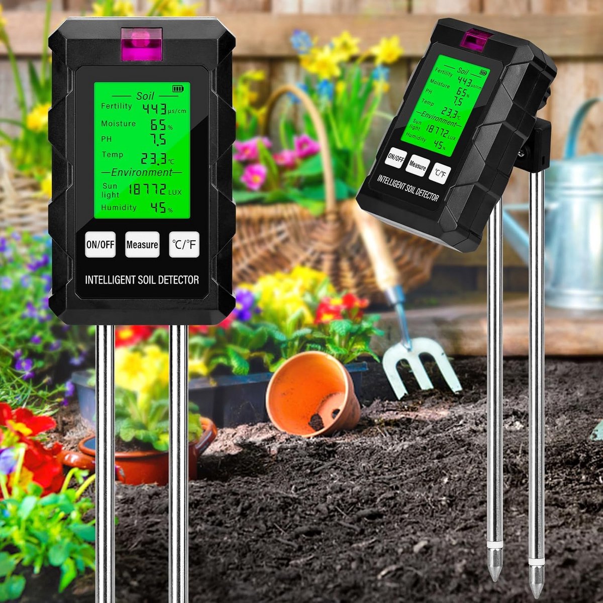 6-in-1 pH-meter voor bodem, met functies voor bodemvruchtbaarheid, zonlicht, luchtvochtigheid en temperatuur