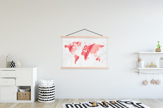 Posterhanger incl. Poster 120x80 cm - Schoolplaat - Wereldkaart - Roze - Marmer - Textielposter - Blanke latten