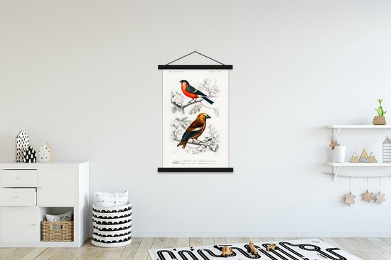 Posterhanger incl. Poster 120x180 cm - Schoolplaat - Vogel - Vintage - Tak - Textielposter - Zwarte latten