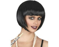 Zwarte korte damespruik met bob-kapsel en lange pony