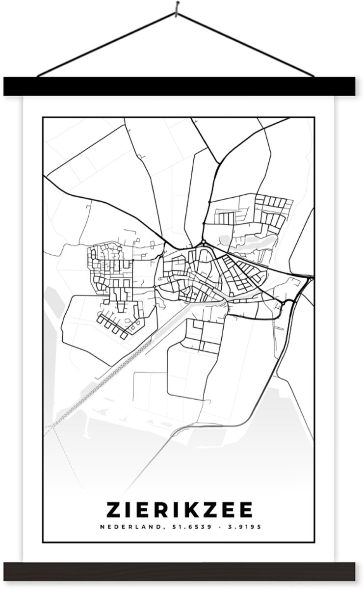 Posterhanger incl. Poster 60x90 cm - Schoolplaat - Kaart - Zierikzee - Zwart - Wit - Textielposter - Zwarte latten