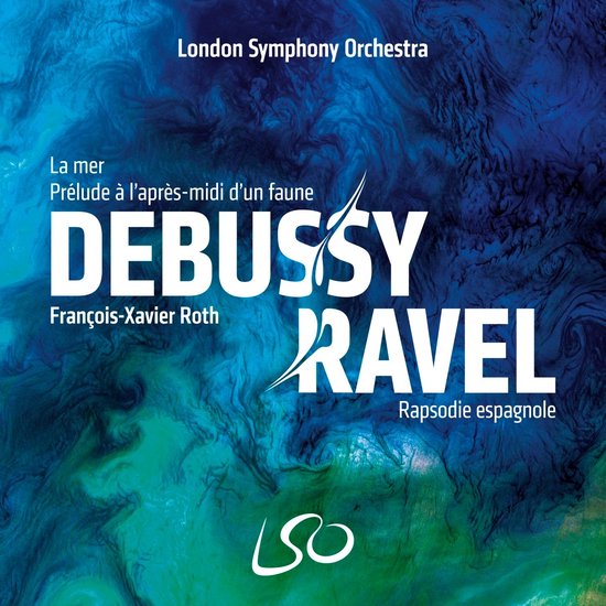 CD-hoes met "Debussy La Mer" en "Ravel Rapsodie Espagnole" op een aquarel-achtige achtergrond.
