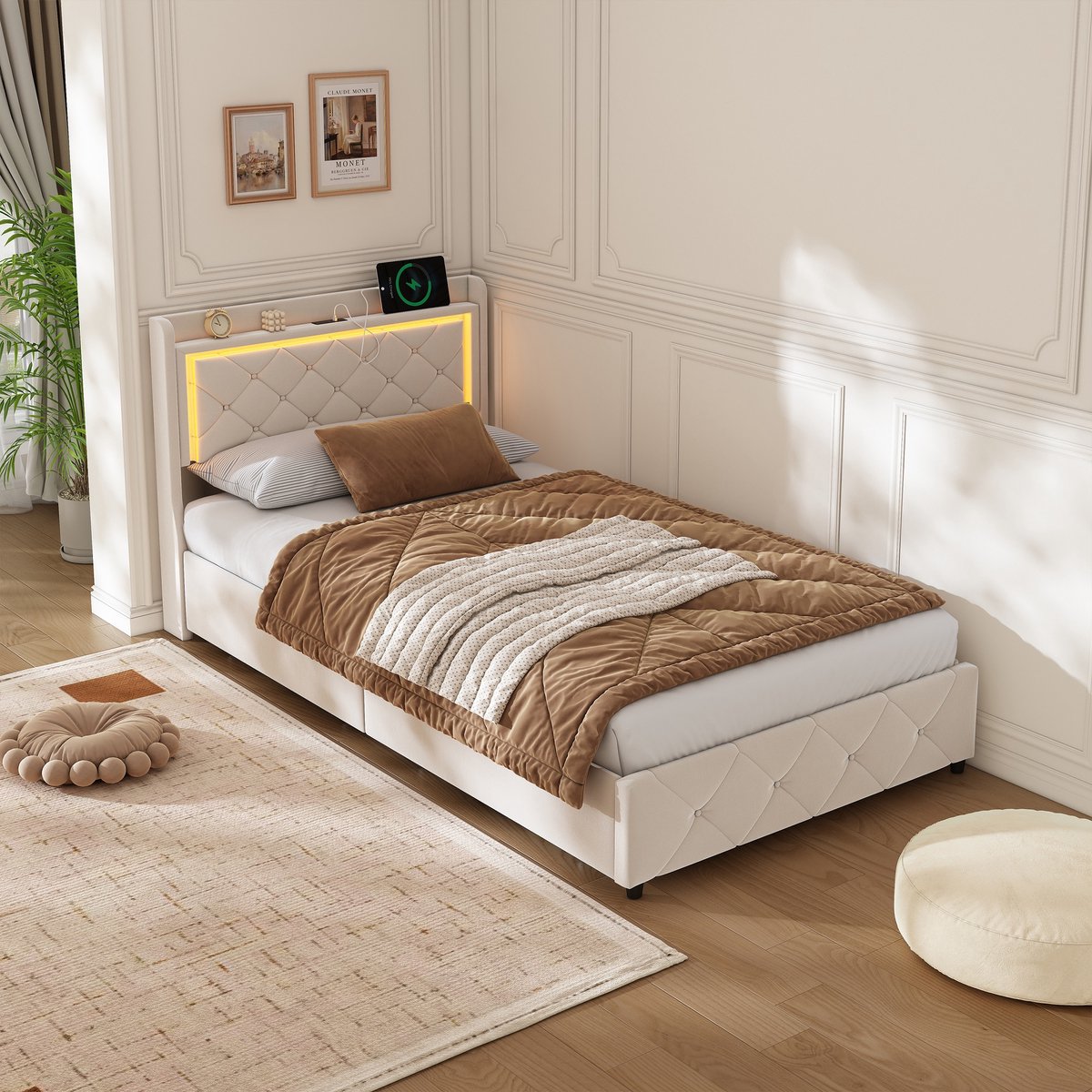 Kinderbed, gestoffeerd eenpersoonsbed 90 x 200 cm met ledverlichting en opbergruimte, hoofdbord met USB-aansluitingen, hydraulisch opbergbed, bed met rugleuning, bedframe 90 x 200 cm, tienerbed in fluwelen stof, zonder matras