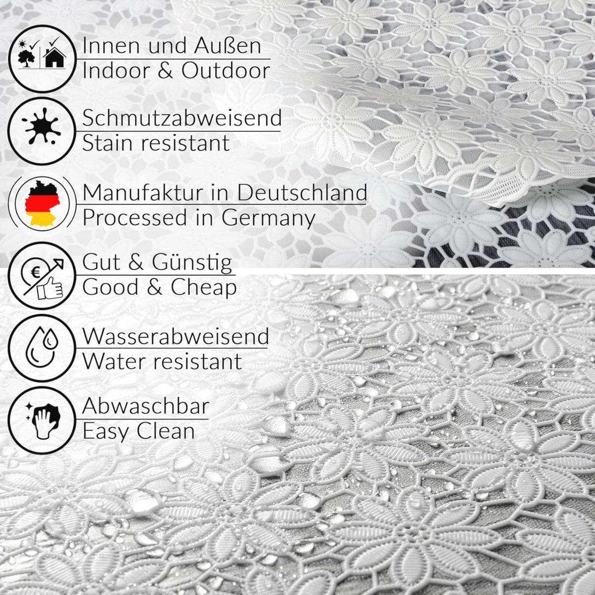 Waterdicht tafelzeil met kanten patroon, bloemen, wit, 100 x 138 cm