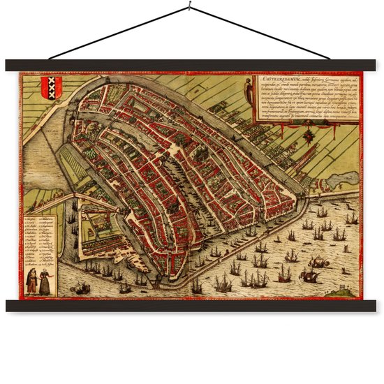 Posterhanger incl. Poster 120x80 cm - Schoolplaat - Kaart - Amsterdam - Vintage - Textielposter - Zwarte latten