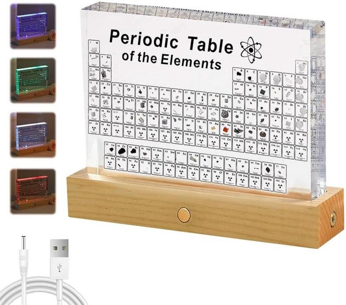 Periodiek Systeem met Echte Elementen in Acryl Display met Kleurrijke LED Verlichting