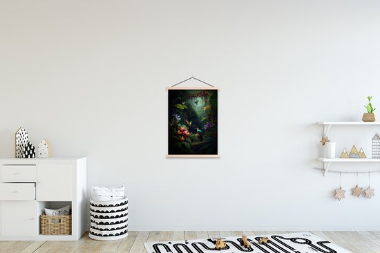 Posterhanger incl. Poster 60x80 cm - Schoolplaat - Bloemen - Planten - Jungle - Vogels - Textielposter - Blanke latten